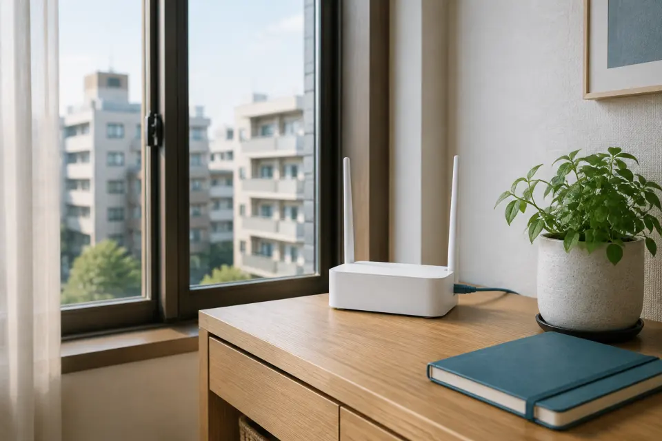 マンションの窓辺に置かれたWi-Fiルーター